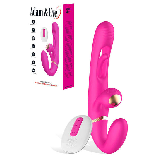Adam & Eve Orgaz Ohh Matic Pink 23.5 Cm Usb Rechargeable Strapless Strap On With Remote