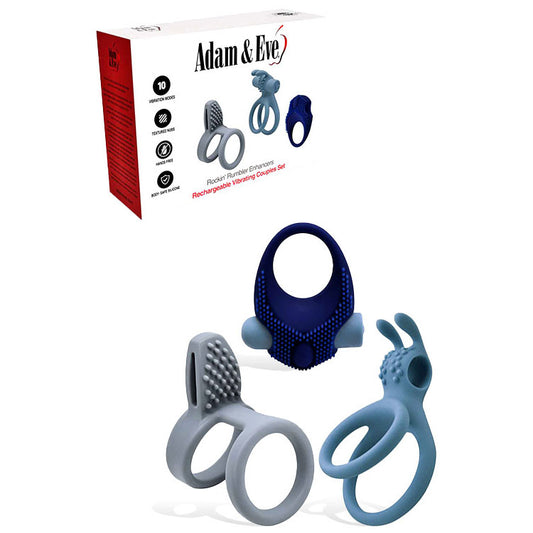 Adam & Eve Rockin Rumbler Enhancers Silicone Cock Rings With Rechargeable Vibrating Bullet Set Of 3