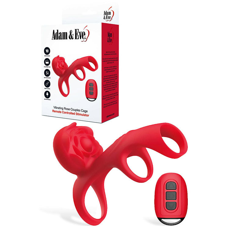 Adam & Eve Vibrating Rose Couples Cage Red Usb Rechargeable Vibrating Penis Cage With Wireless Remote