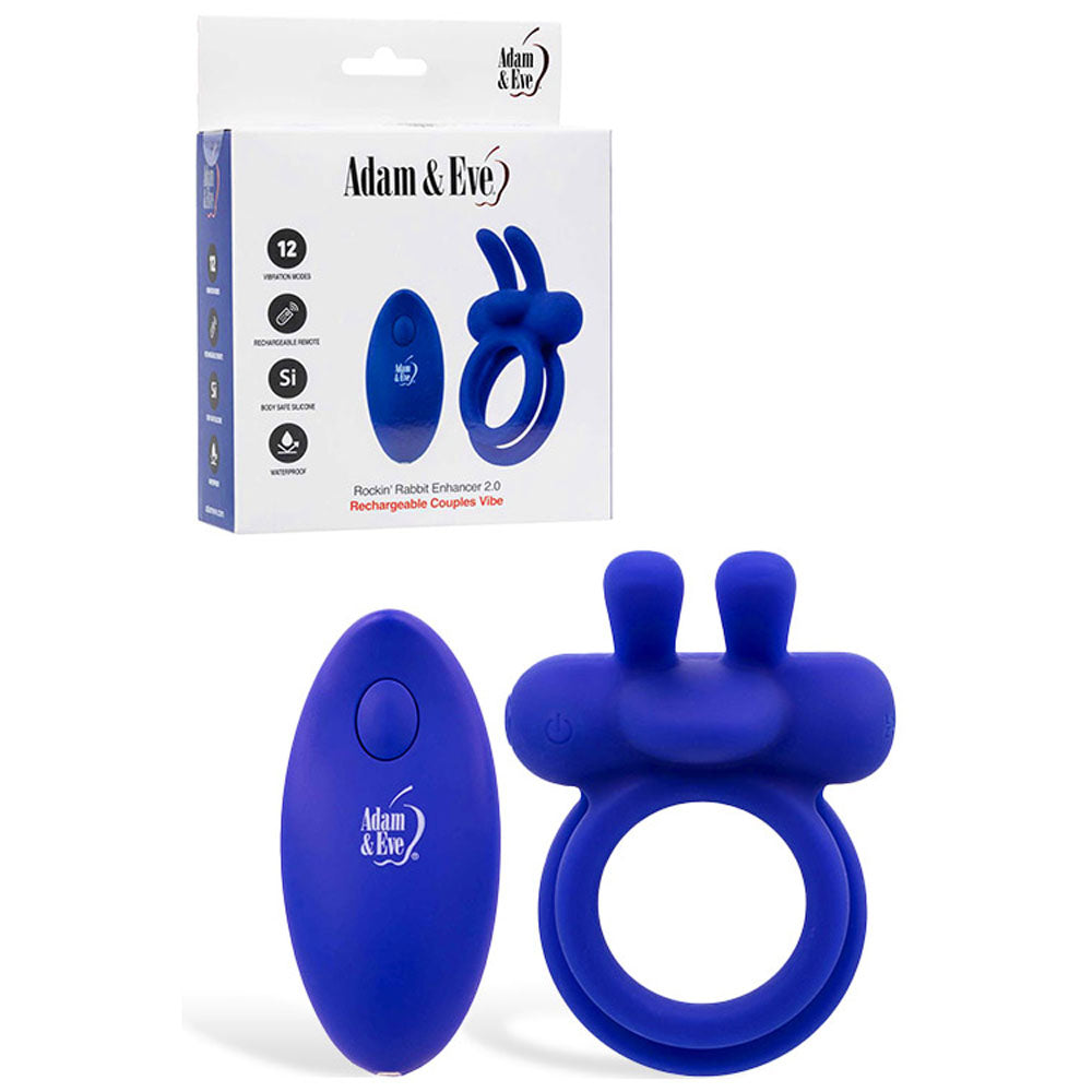 Adam & Eve Rockin Rabbit 2.0 Blue Usb Rechargeable Vibrating Cock Ring With Wireless Remote