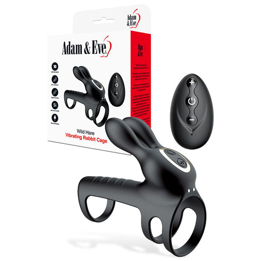 Adam & Eve Wild Hare Black Usb Rechargeable Vibrating Penis Cage With Wireless Remote