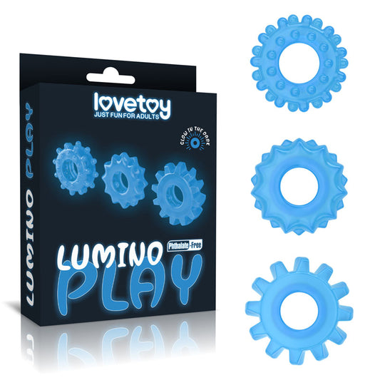 Lumino Play Penis Rings 3 Pack Glow In The Dark Blue Cock Rings Set Of 3