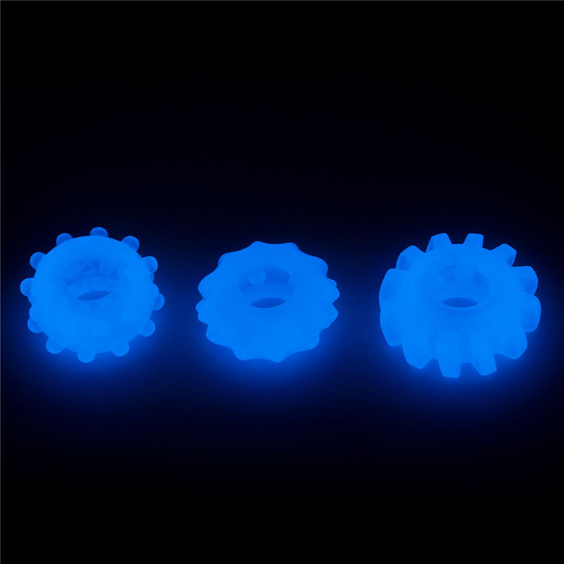Lumino Play Penis Rings 3 Pack Glow In The Dark Blue Cock Rings Set Of 3
