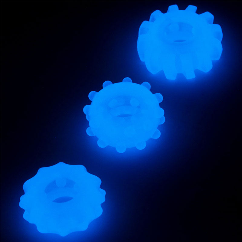 Lumino Play Penis Rings 3 Pack Glow In The Dark Blue Cock Rings Set Of 3