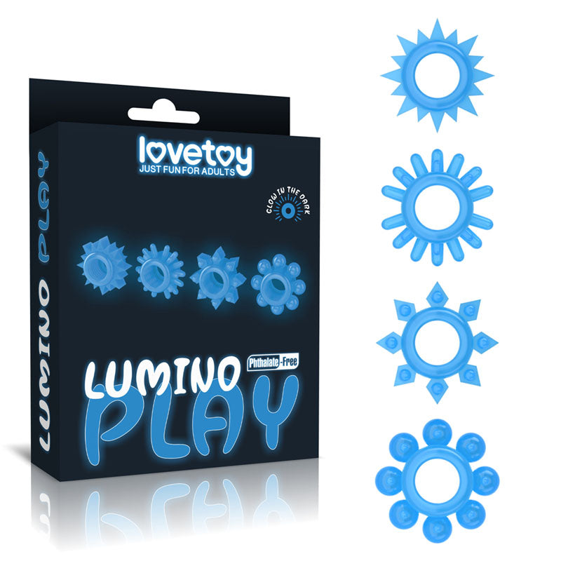 Lumino Play Penis Rings 4 Pack Glow In The Dark Blue Cock Rings Set Of 4