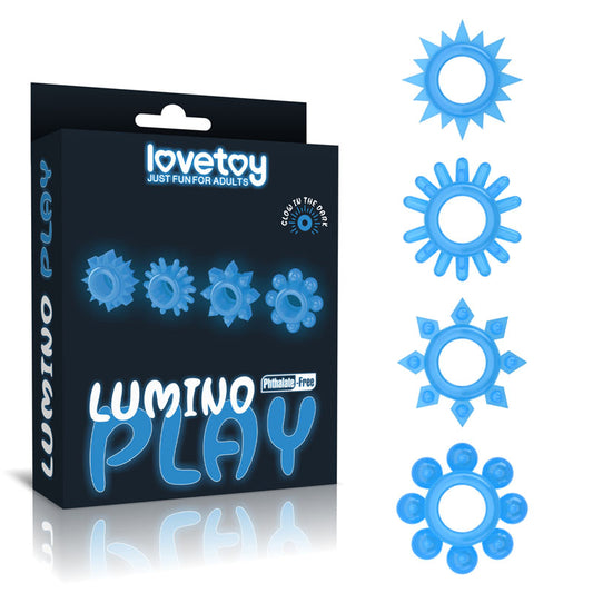 Lumino Play Penis Rings 4 Pack Glow In The Dark Blue Cock Rings Set Of 4