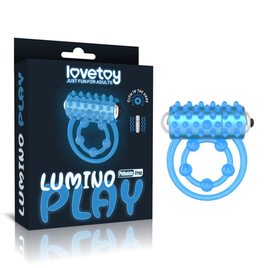 Lumino Play Vibrating Penis & Balls Ring Glow In The Dark Blue Vibrating Cock Ring