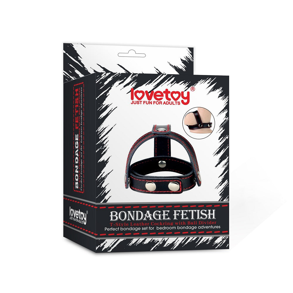 Bondage Fetish T Style Leather Cock Ring With Ball Divider Black Cock Ring