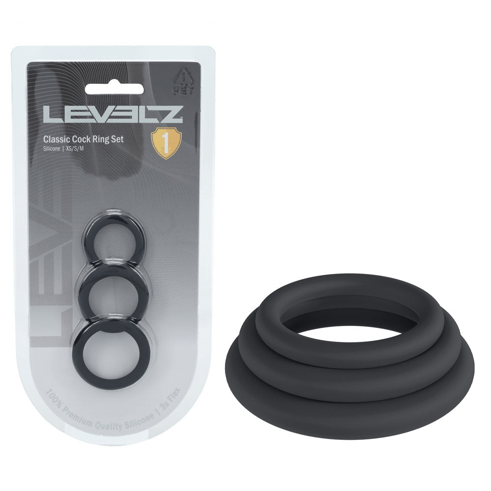 Levelz Classic Silicone Cock Ring Set Xs/S/M Black Cock Rings Set Of 3 Sizes