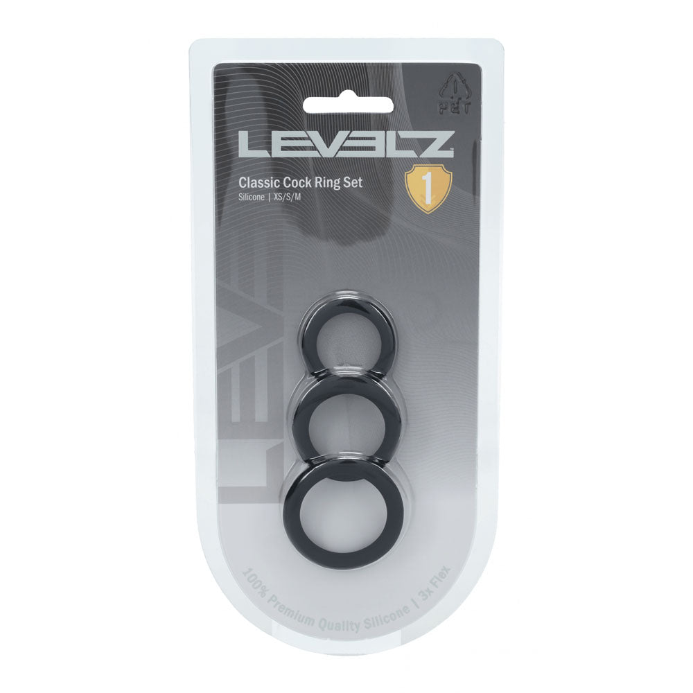 Levelz Classic Silicone Cock Ring Set Xs/S/M Black Cock Rings Set Of 3 Sizes