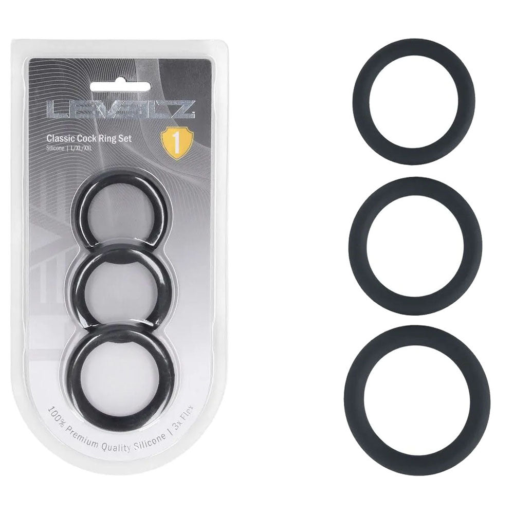 Levelz Classic Silicone Cock Ring Set L/Xl/Xxl Black Cock Rings Set Of 3 Sizes