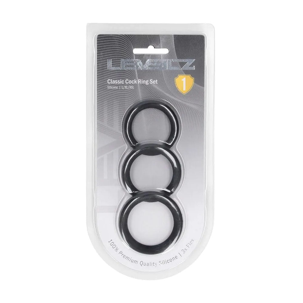 Levelz Classic Silicone Cock Ring Set L/Xl/Xxl Black Cock Rings Set Of 3 Sizes