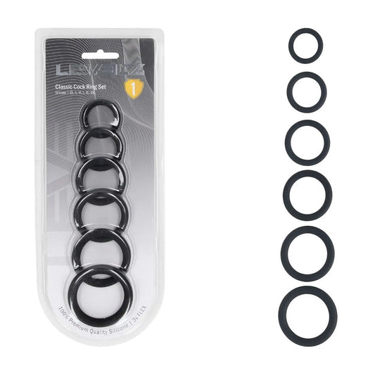 Levelz Classic Silicone Cock Ring Set Of 6 Black Cock Rings Set Of 6 Sizes
