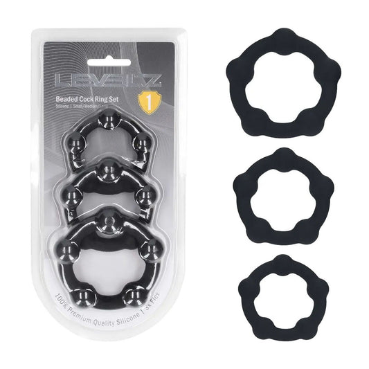 Levelz Beaded Silicone Cock Ring Set Of 3 Black Black Cock Rings Set Of 3 Sizes