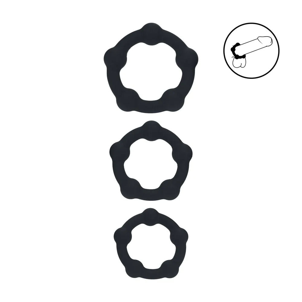 Levelz Beaded Silicone Cock Ring Set Of 3 Black Black Cock Rings Set Of 3 Sizes