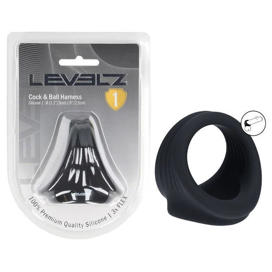 Levelz Silicone Cock & Ball Harness Black Black Cock & Ball Ring