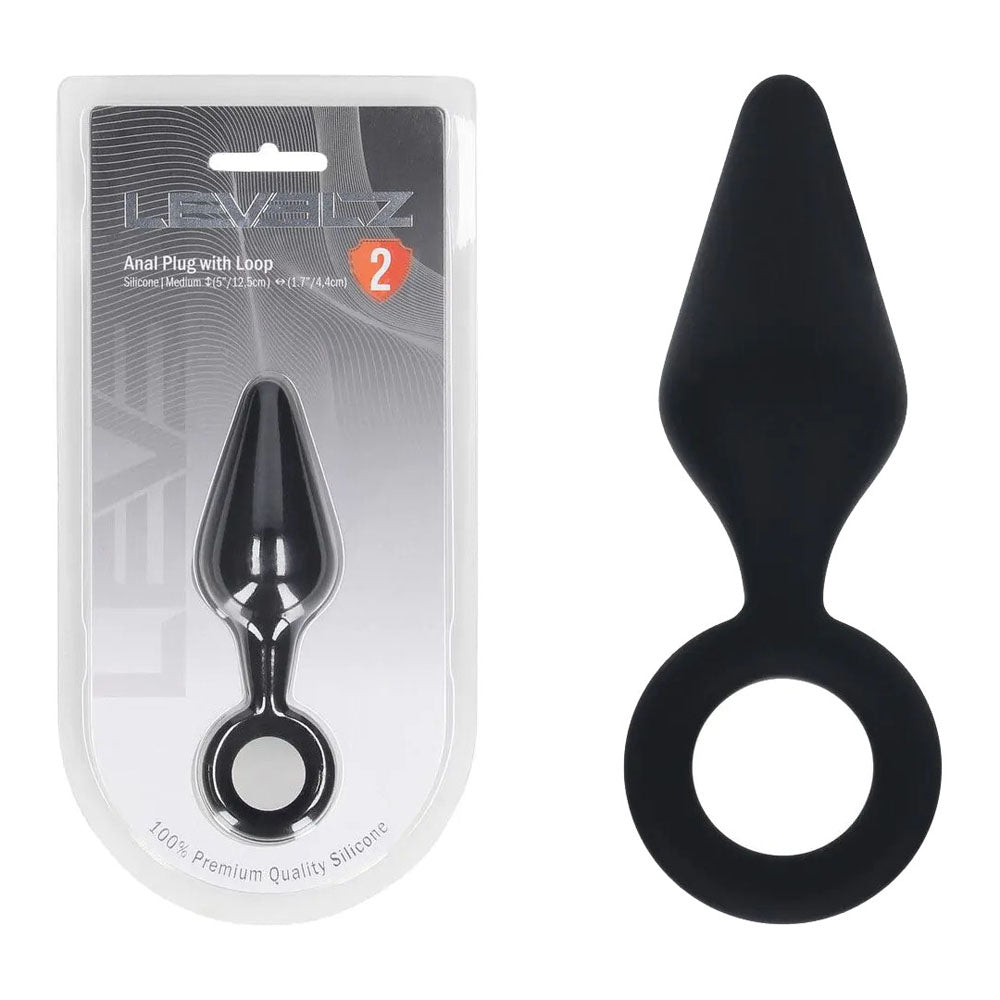 Levelz Silicone Anal Plug With Loop Medium Black Black Medium Butt Plug