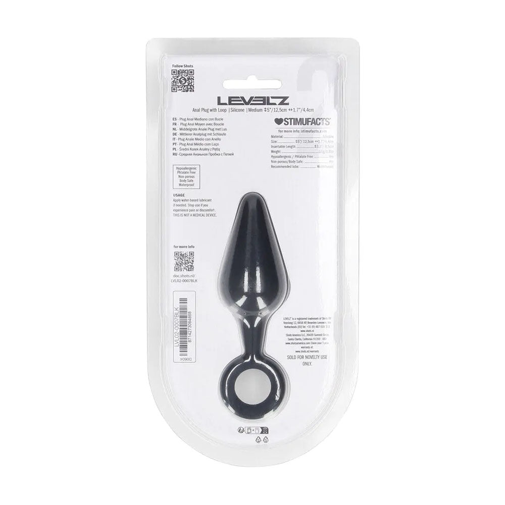 Levelz Silicone Anal Plug With Loop Medium Black Black Medium Butt Plug