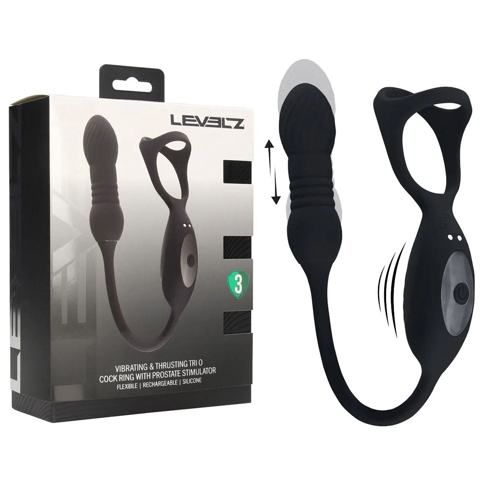 Levelz Vibrating & Thrusting Tri O Cock Ring With Prostate Stimulator Black Usb Rechargeable Vibrating Cock Ring With Thrusting Prostate Plug