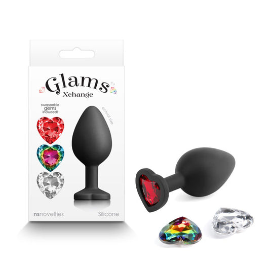 Glams Xchange Heart Medium Black Medium Butt Plug With Interchangeable Heart Gems