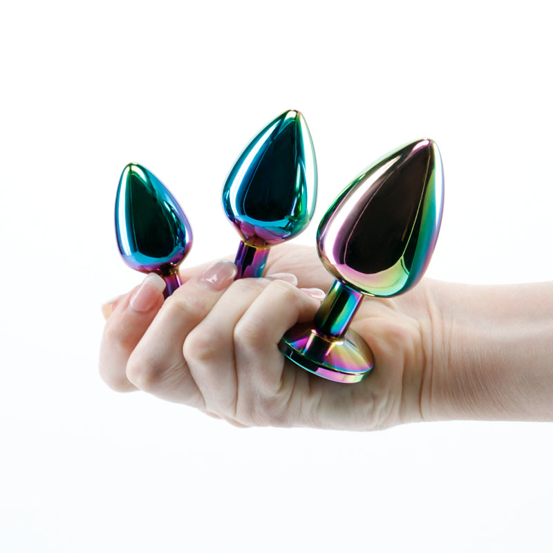 Rear Assets Trainer Kit Multicolour Rainbow Multi Coloured Metallic Butt Plugs With Rainbow Gems Set Of 3 Sizes
