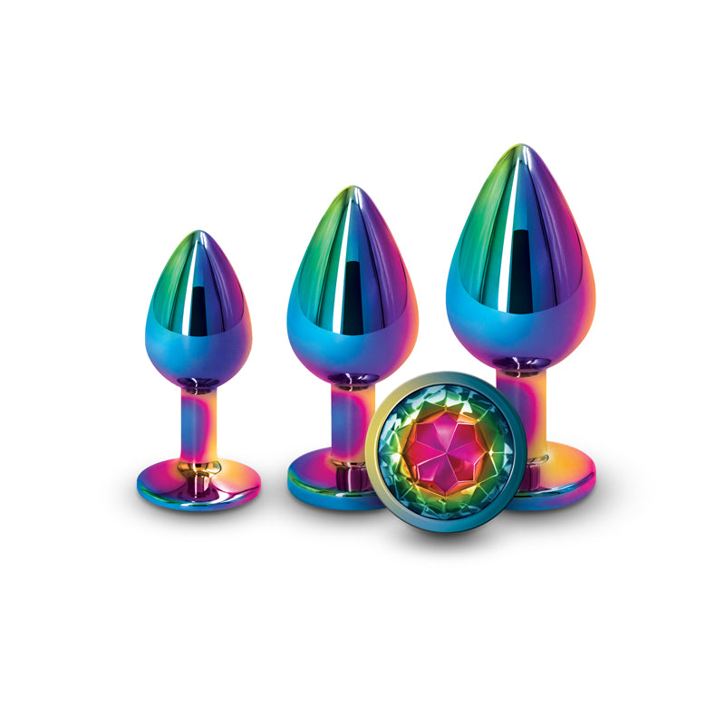 Rear Assets Trainer Kit Multicolour Rainbow Multi Coloured Metallic Butt Plugs With Rainbow Gems Set Of 3 Sizes