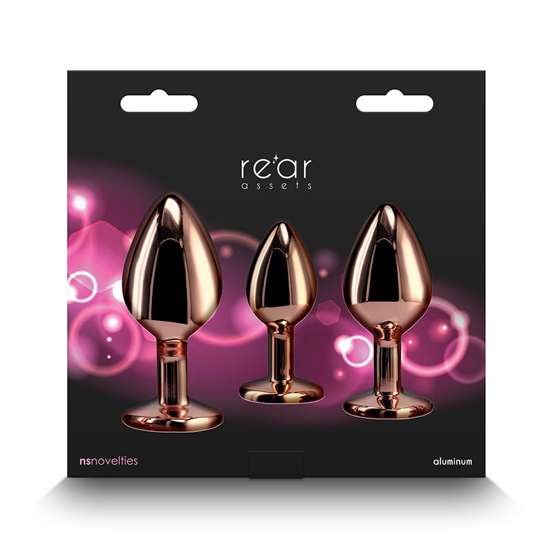 Rear Assets Trainer Kit Rose Gold Pink Rose Gold Metallic Butt Plugs With Pink Gems Set Of 3 Sizes