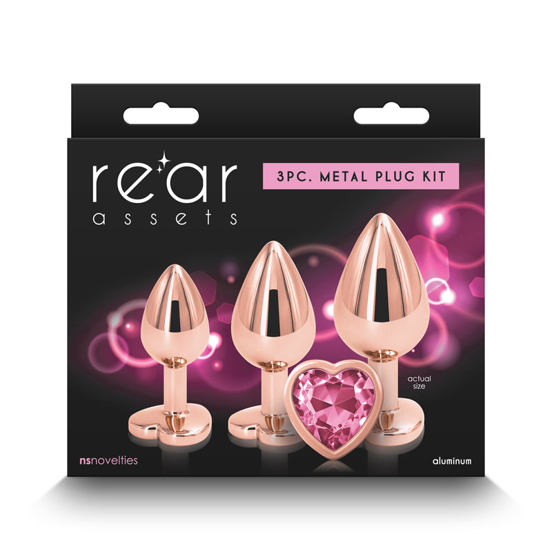 Rear Assets Trainer Kit Rose Gold Pink Heart Rose Gold Metallic Butt Plugs With Pink Hearts Set Of 3 Sizes