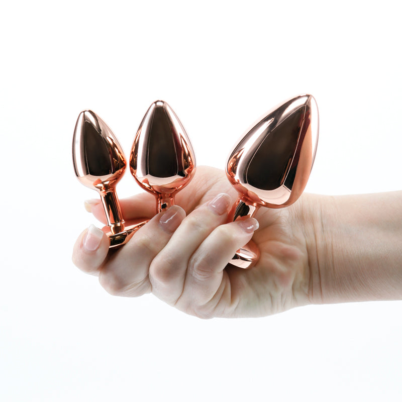 Rear Assets Trainer Kit Rose Gold Pink Heart Rose Gold Metallic Butt Plugs With Pink Hearts Set Of 3 Sizes