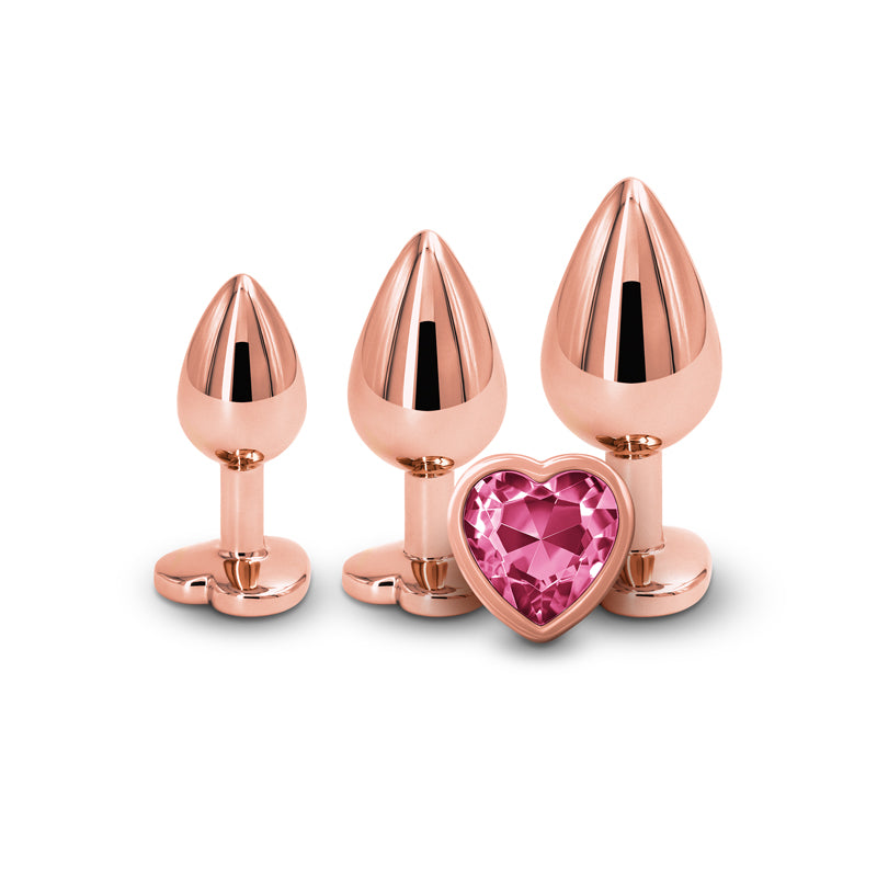 Rear Assets Trainer Kit Rose Gold Pink Heart Rose Gold Metallic Butt Plugs With Pink Hearts Set Of 3 Sizes