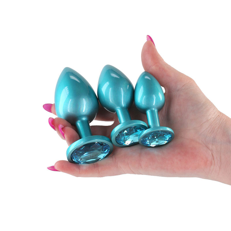 Rear Assets Trainer Kit Iridescent Teal Iridescent Teal Metallic Butt Plugs Set Of 3 Sizes