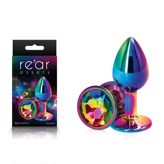 Rear Assets Multi Coloured Small Multi Coloured Small Metal Butt Plug With Rainbow Gem Base