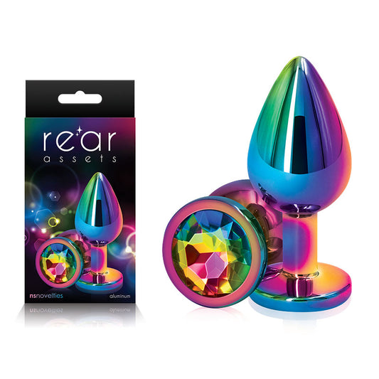 Rear Assets Multi Coloured Medium Multi Coloured Medium Metal Butt Plug With Rainbow Gem Base