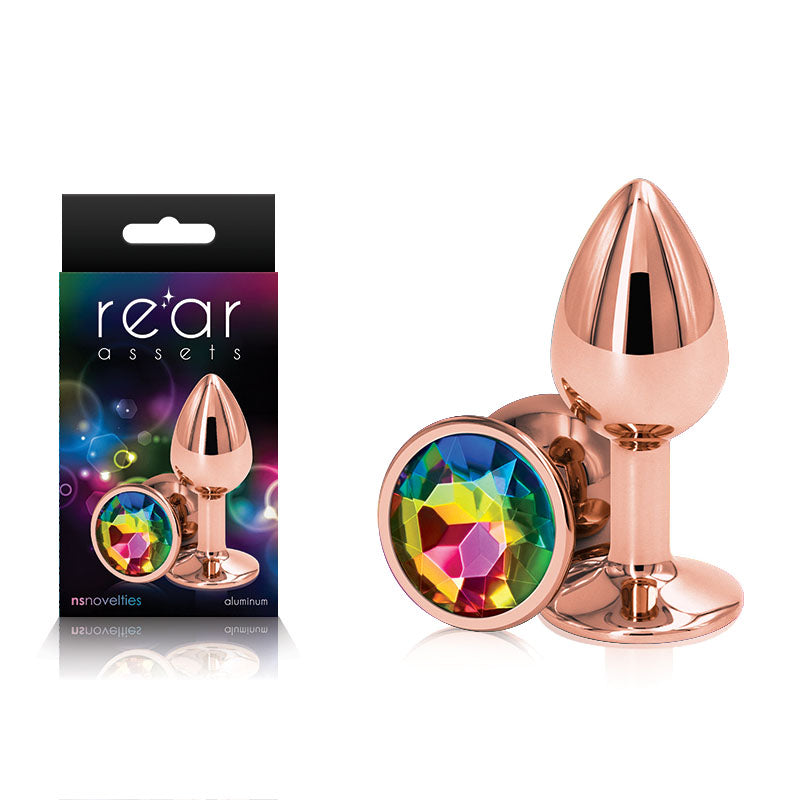 Rear Assets Rose Gold Small Rose Gold Small Metal Butt Plug With Rainbow Gem Base