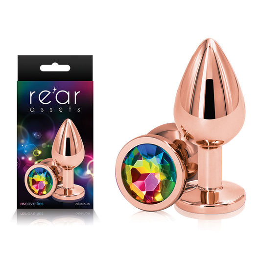 Rear Assets Rose Gold Medium Rose Gold Medium Metal Butt Plug With Rainbow Gem Base