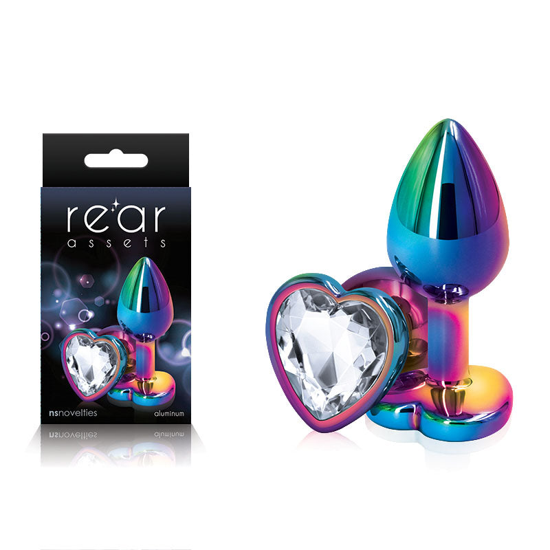 Rear Assets Multi Coloured Heart Multi Coloured Small Metal Butt Plug With Clear Heart Gem Base