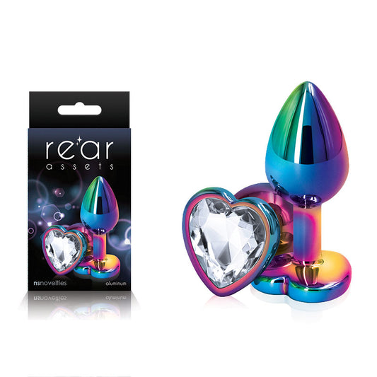 Rear Assets Multi Coloured Heart Multi Coloured Small Metal Butt Plug With Clear Heart Gem Base