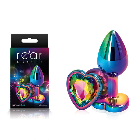 Rear Assets Multi Coloured Heart Multi Coloured Small Metal Butt Plug With Rainbow Heart Gem Base