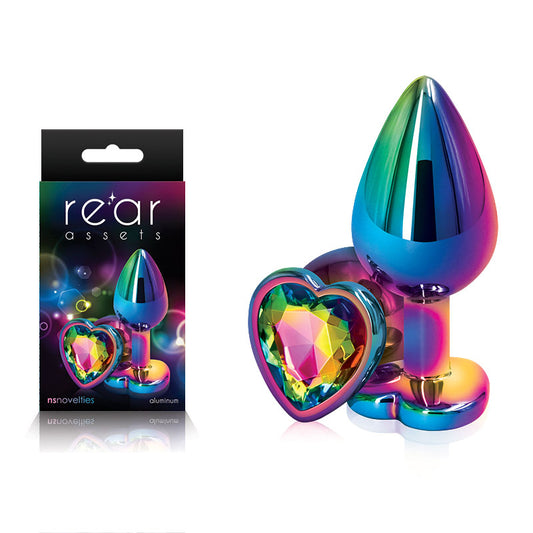 Rear Assets Multi Coloured Heart Multi Coloured Medium Metal Butt Plug With Rainbow Heart Gem Base