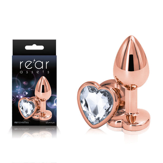 Rear Assets Rose Gold Heart Small Rose Gold Small Metal Butt Plug With Clear Heart Gem Base