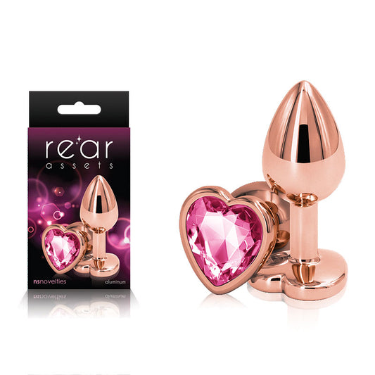 Rear Assets Rose Gold Heart Small Rose Gold Small Metal Butt Plug With Pink Heart Gem Base
