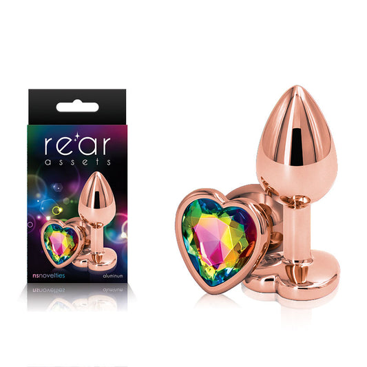 Rear Assets Rose Gold Heart Small Rose Gold Small Metal Butt Plug With Rainbow Heart Gem Base