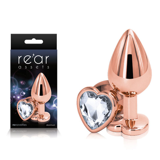 Rear Assets Rose Gold Heart Medium Rose Gold Medium Metal Butt Plug With Clear Heart Gem Base