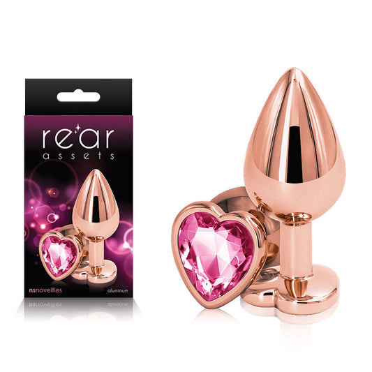 Rear Assets Rose Gold Heart Medium Rose Gold Medium Metal Butt Plug With Pink Heart Gem Base