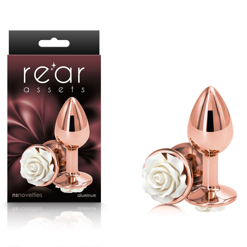 Rear Assets Rose Small Rose Gold 7.6 Cm Metal Butt Plug With White Rose Base