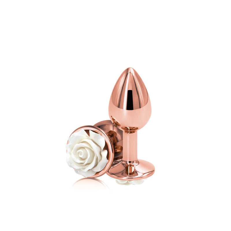 Rear Assets Rose Small Rose Gold 7.6 Cm Metal Butt Plug With White Rose Base