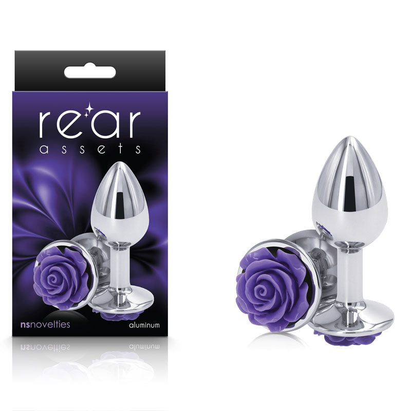 Rear Assets Rose Small Chrome 7.6 Cm Metal Butt Plug With Purple Rose Base