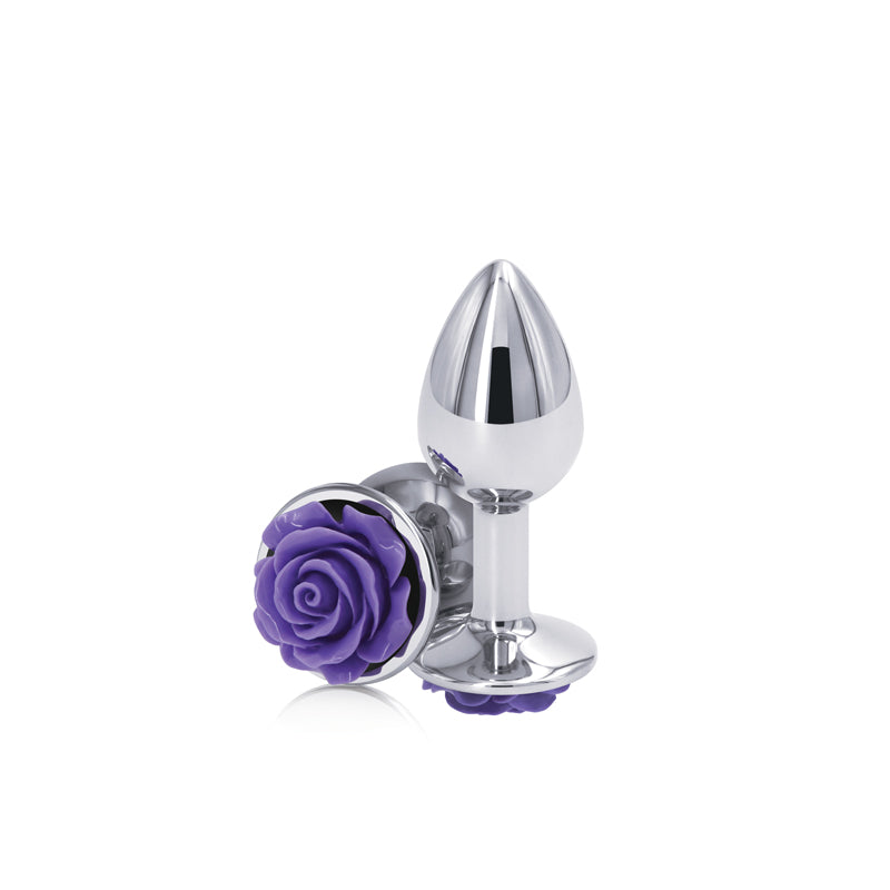 Rear Assets Rose Small Chrome 7.6 Cm Metal Butt Plug With Purple Rose Base
