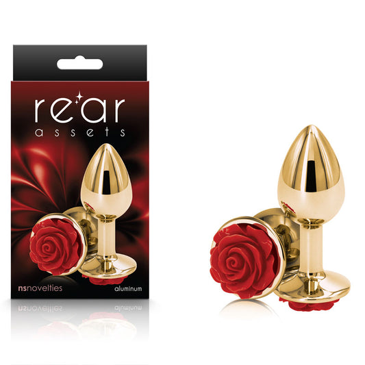 Rear Assets Rose Small Gold 7.6 Cm Metal Butt Plug With Red Rose Base
