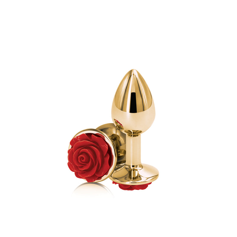 Rear Assets Rose Small Gold 7.6 Cm Metal Butt Plug With Red Rose Base